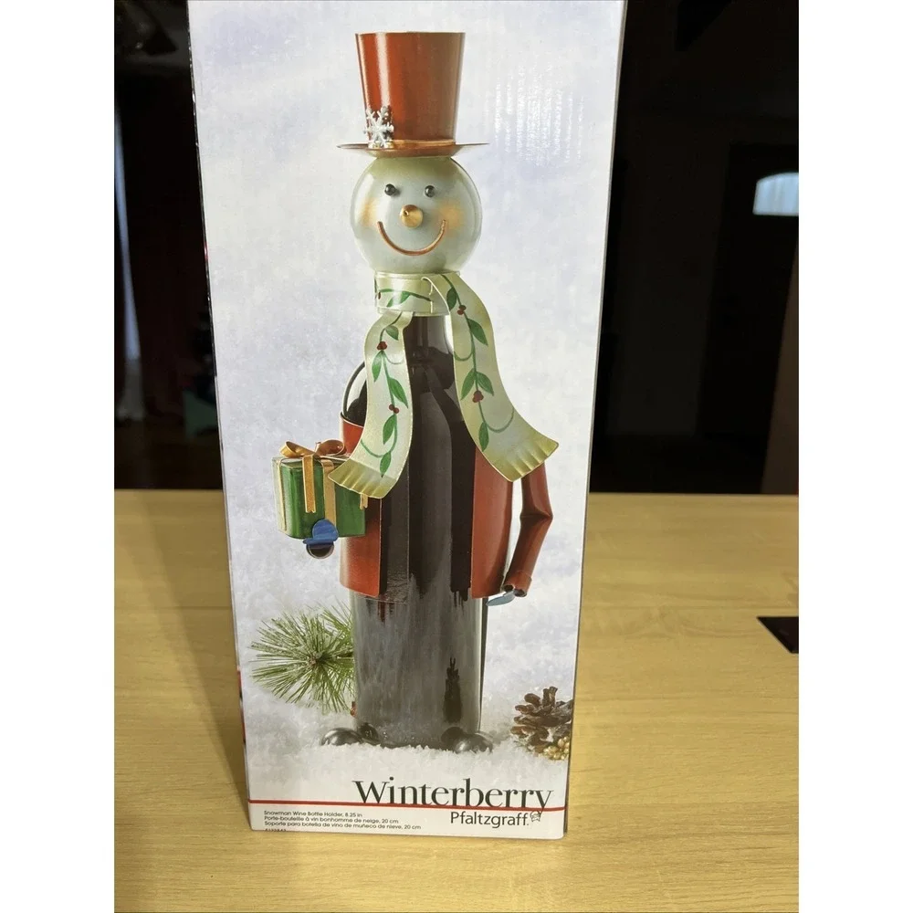 Pfaltzgraff Winterberry Metal Snowman Wine Bottle Holder & Box Christmas Holiday